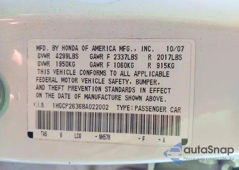 2008 Honda Accord 2.4 Lx from USA, damaged, VIN 1HGCP26368A022002